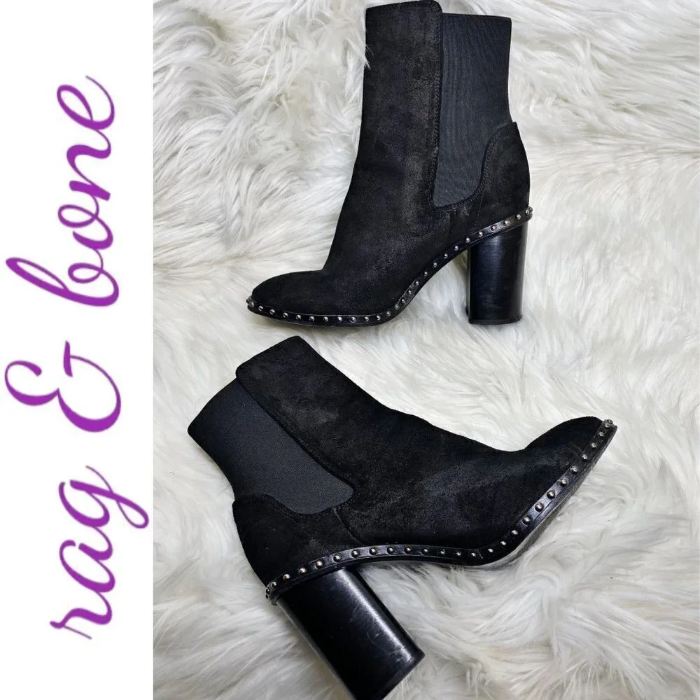 RAG & BONE‎ Romi Black Suede Chelsea Silver Stud Block Heel Bootie, Size 36